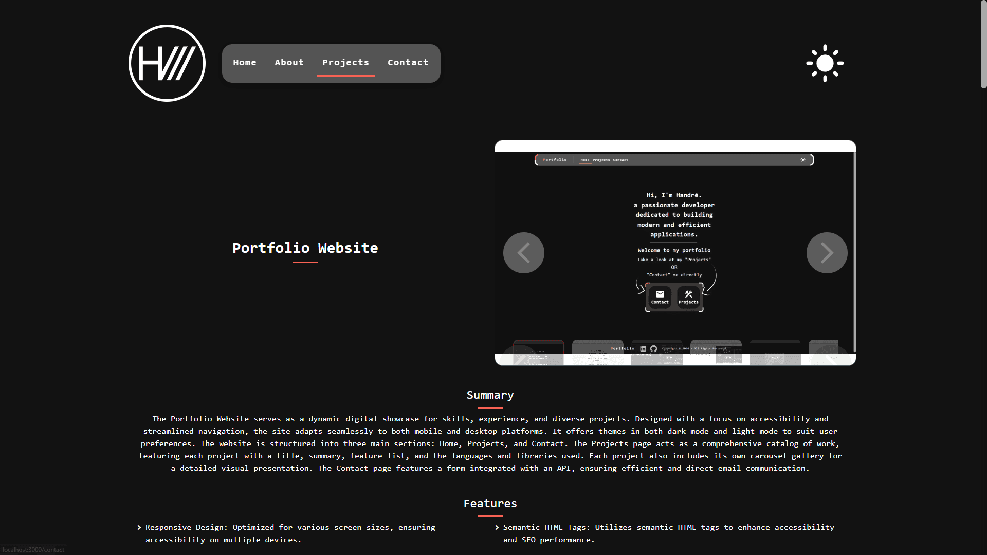 Projects page (Dark Mode)