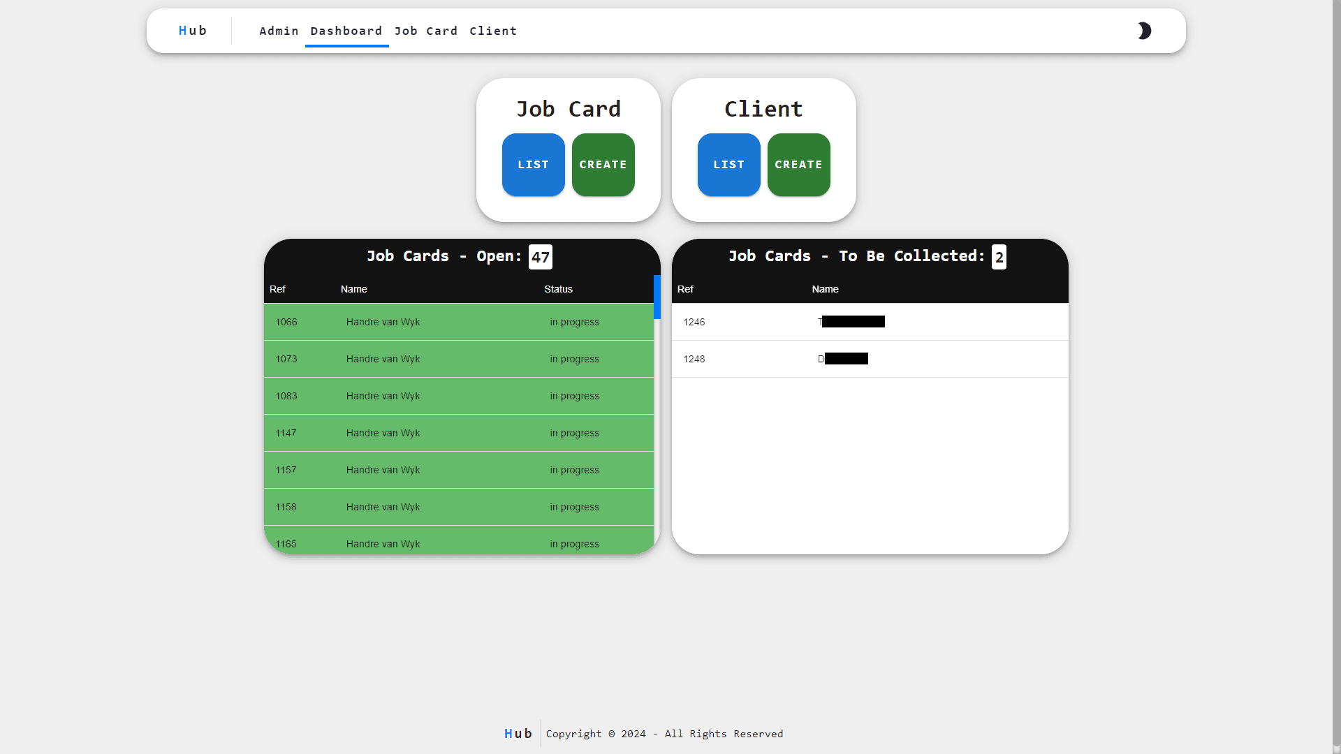 Dashboard page (Light Mode)