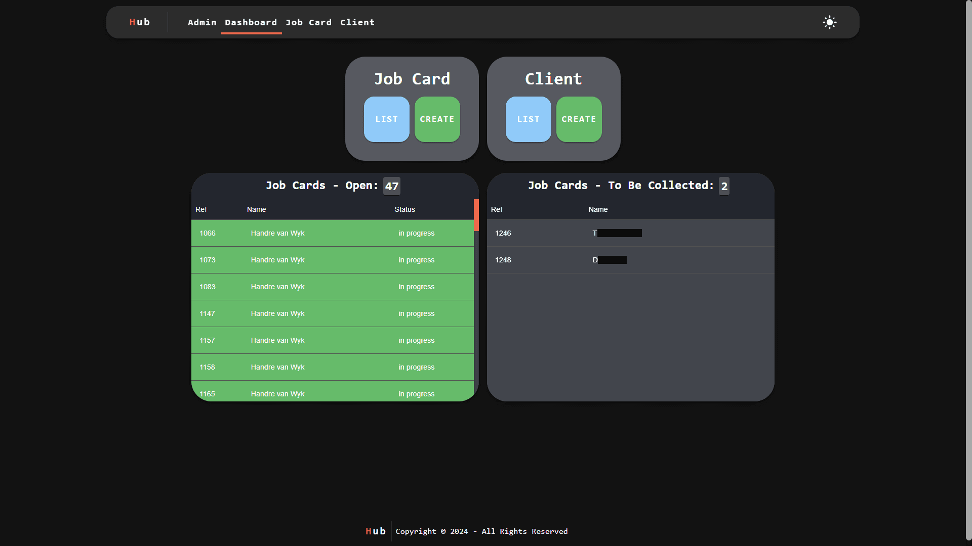 Dashboard page (Dark Mode)
