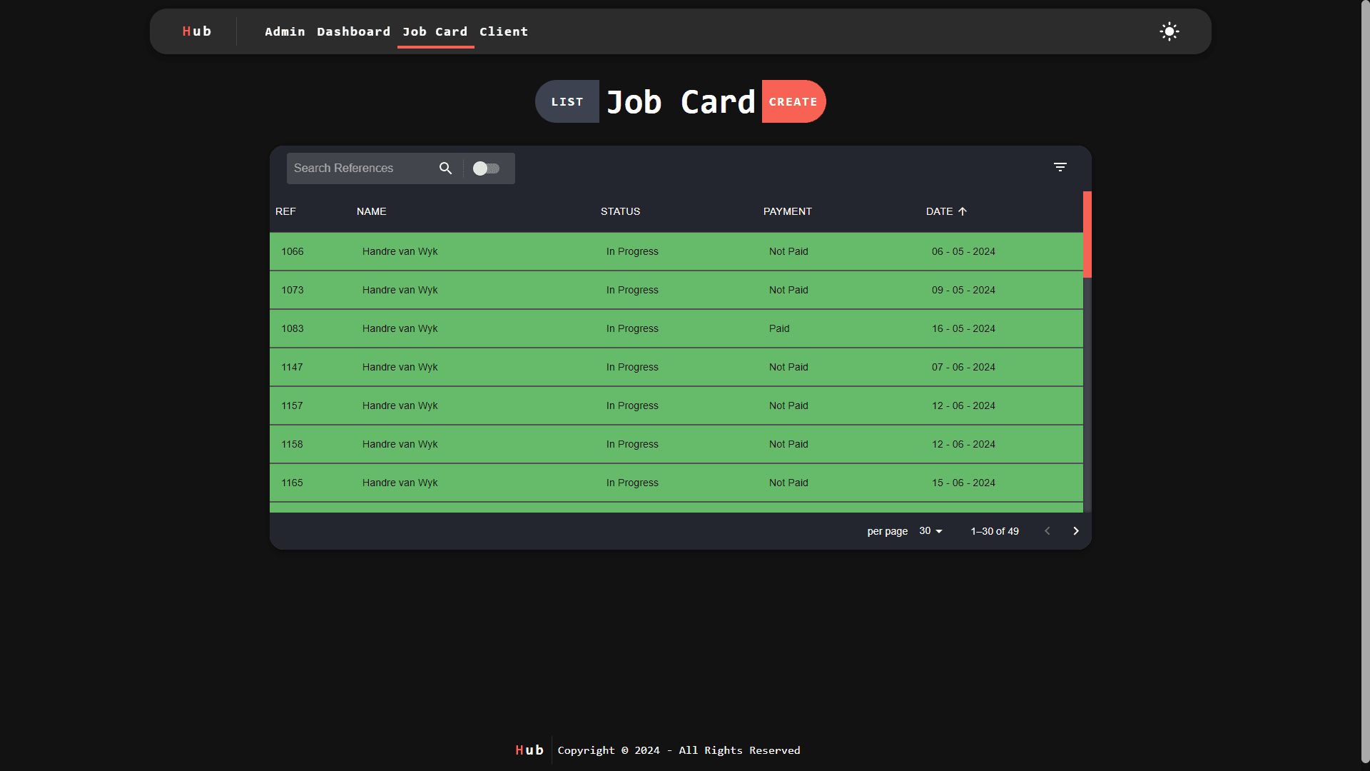 Job Card List page (Dark Mode)