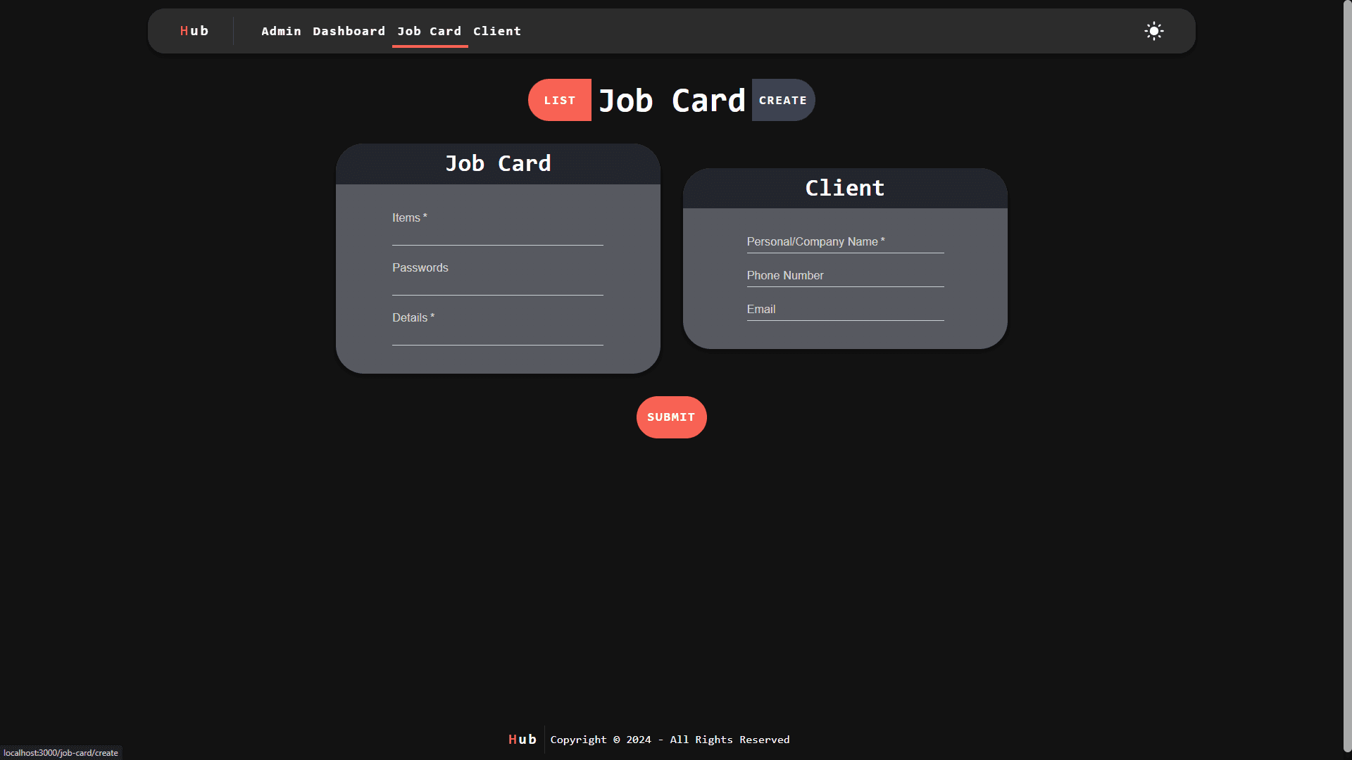 Job Card Create page (Dark Mode)