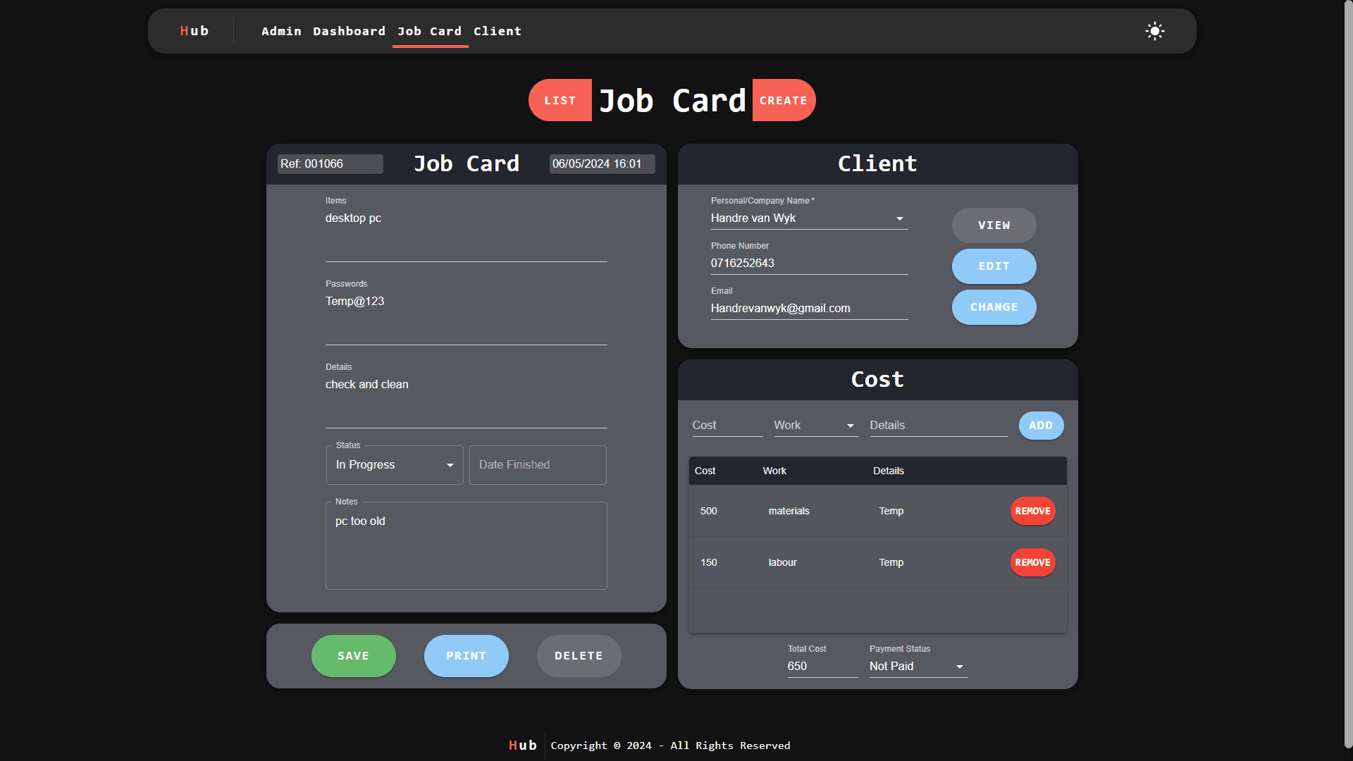 Job Card Edit page (Dark Mode)