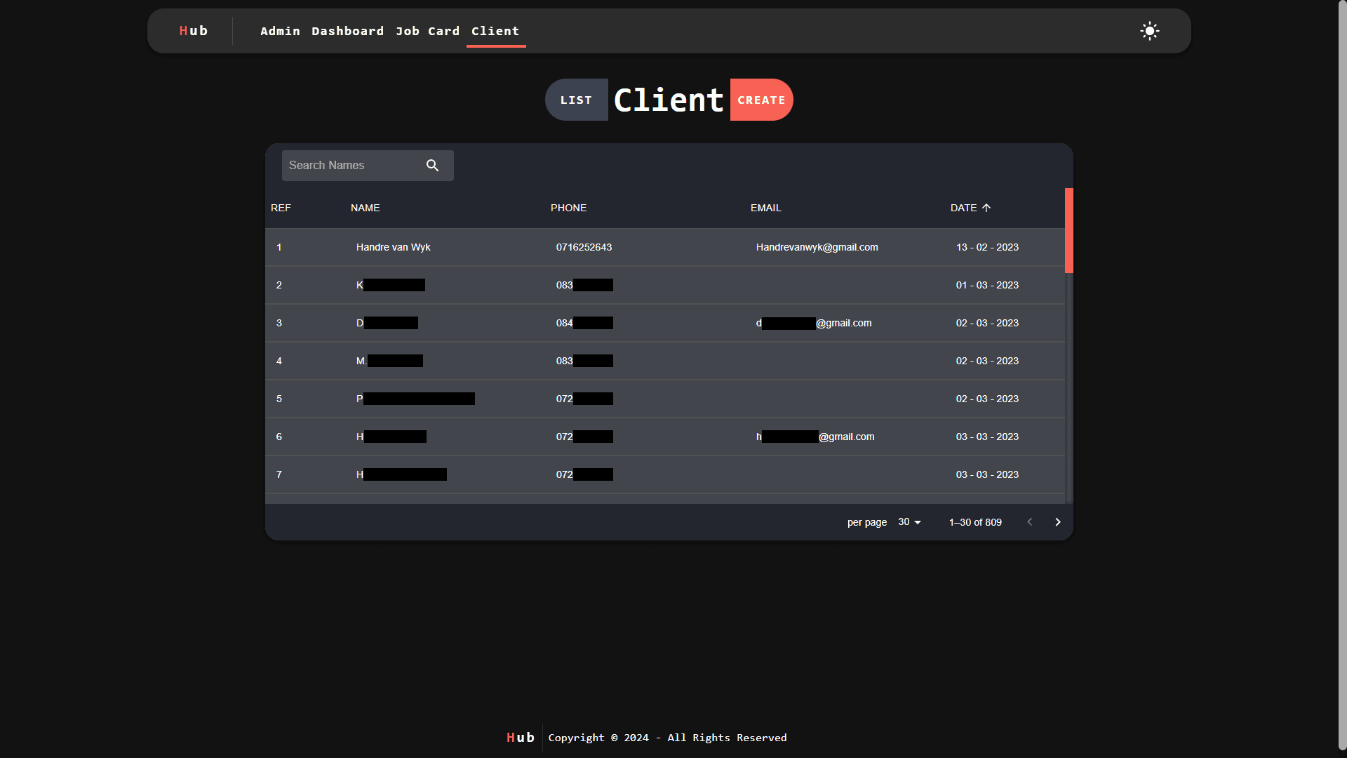 Client List page (Dark Mode)