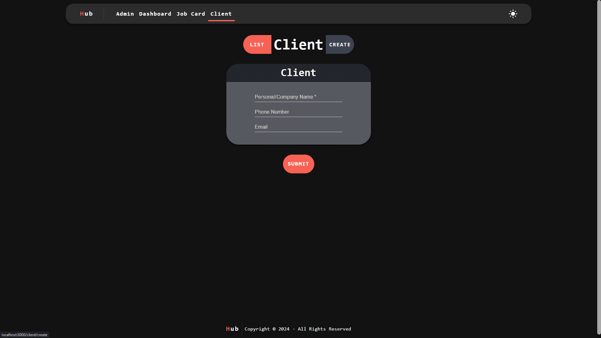 Client Create page (Dark Mode)