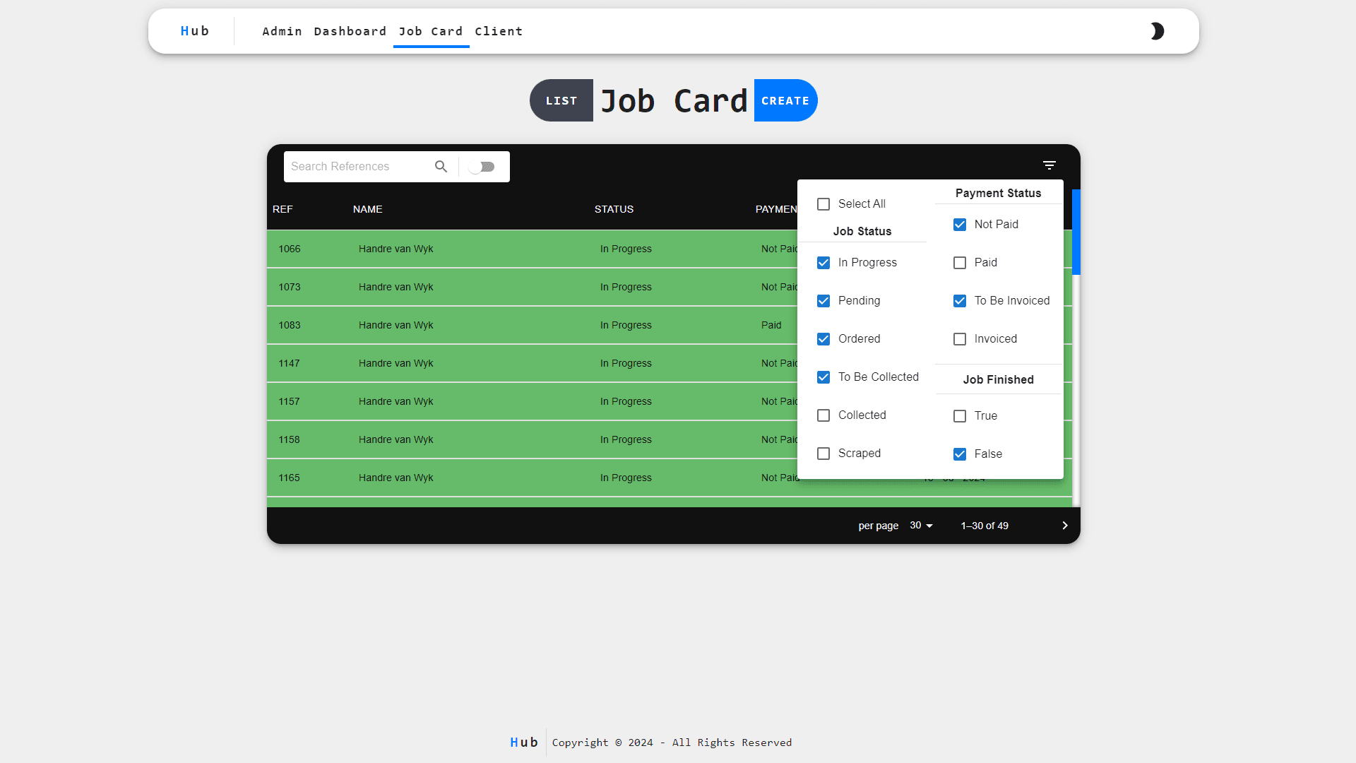Job Card List page with filter (Light Mode)