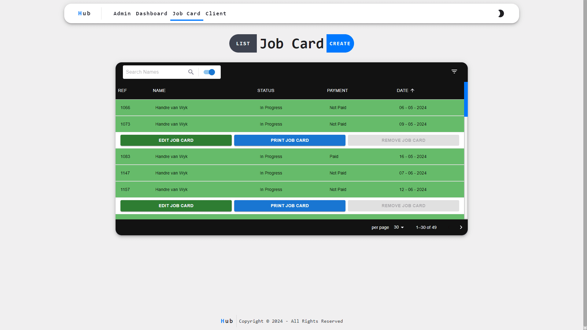 Job Card List page (Light Mode)
