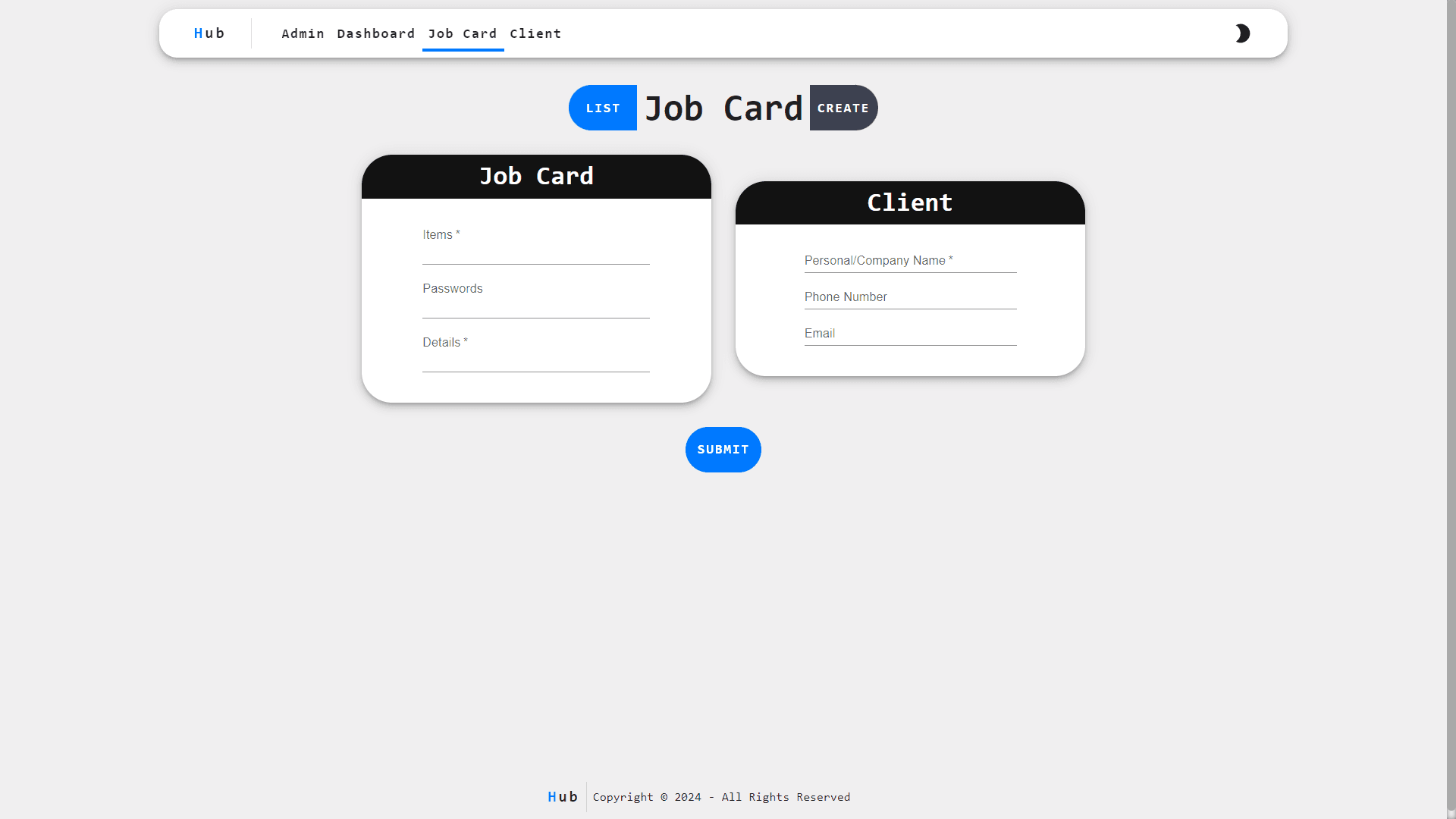 Job Card Create page (Light Mode)
