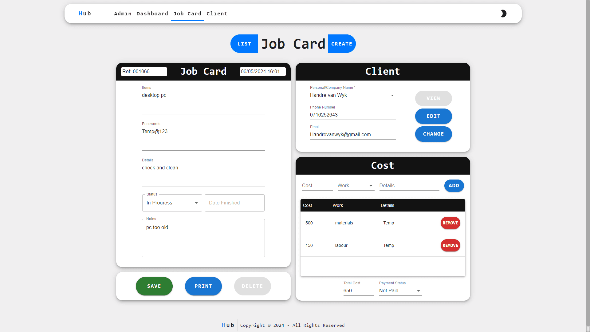 Job Card Edit page (Light Mode)