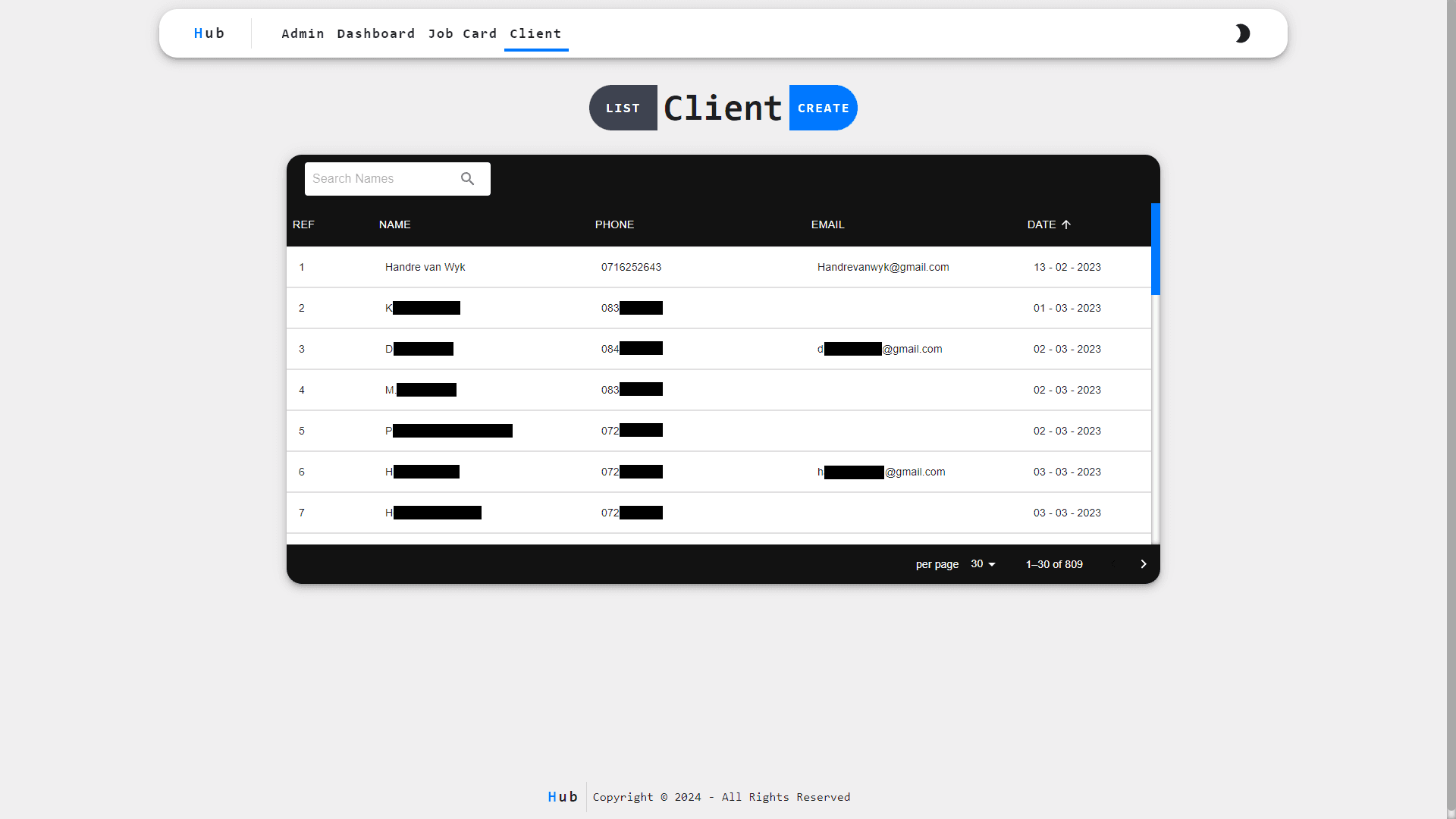 Client List page (Light Mode)
