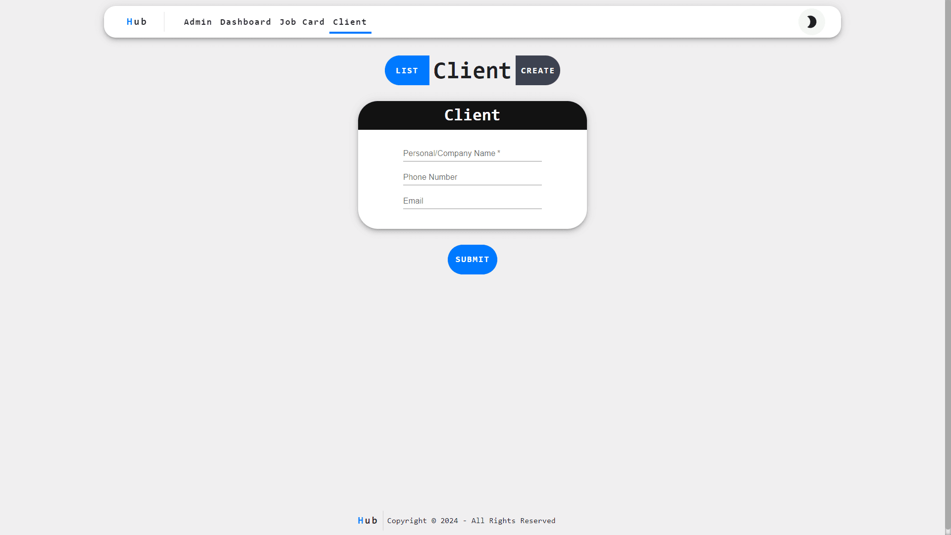 Client Create page (Light Mode)